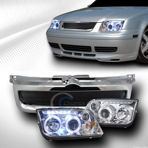 CHROME HALO LED PROJECTOR HEAD LIGHTS FOG W/AL MESH GRILL GRILLE 99-05 JETTA MK4