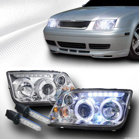 6000K HID XENON H1 CHROME HALO LED PROJECTOR HEAD LIGHTS+FOG 99-05 VW JETTA MK4