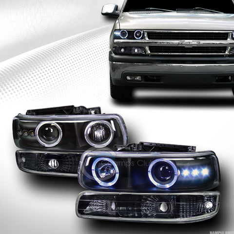 BLK HALO LED PROJECTOR HEAD LIGHTS K2+SIGNAL BUMPER YD 99 00-06 SILVERADO TAHOE