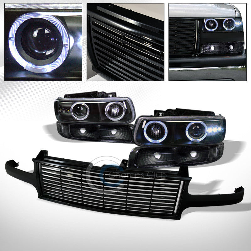 BLACK HALO LED PROJECTOR HEAD LIGHTS K2+BUMPER YD+H GRILL 99-06 CHEVY SILVERADO