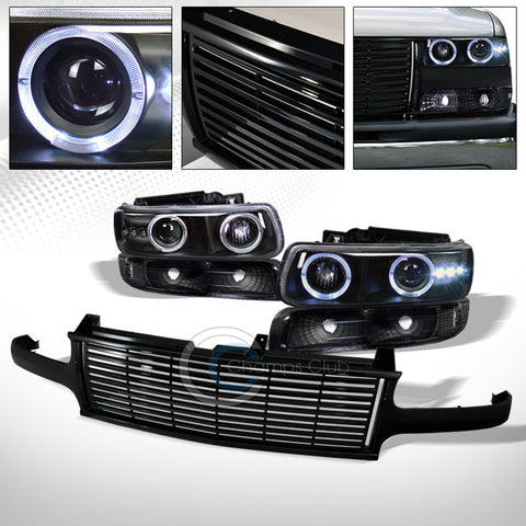 BLACK HALO LED PROJECTOR HEAD LIGHTS K2+BUMPER YD+H GRILL 99-06 CHEVY SILVERADO