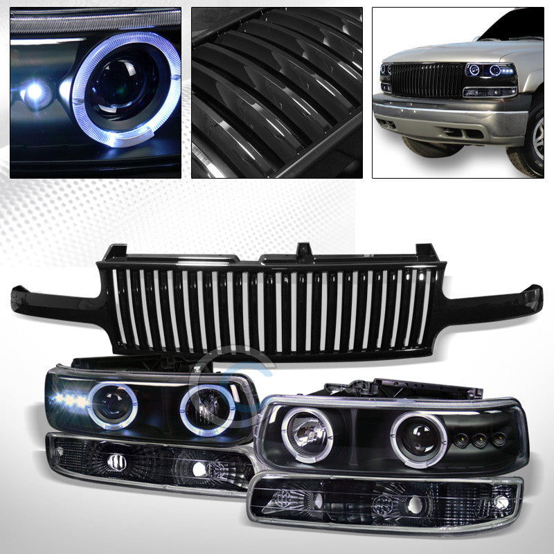 BK HALO LED PROJECTOR HEAD LIGHTS+BUMPER+VERTICAL GRILL 99-02 SILVERADO/SUBURBAN