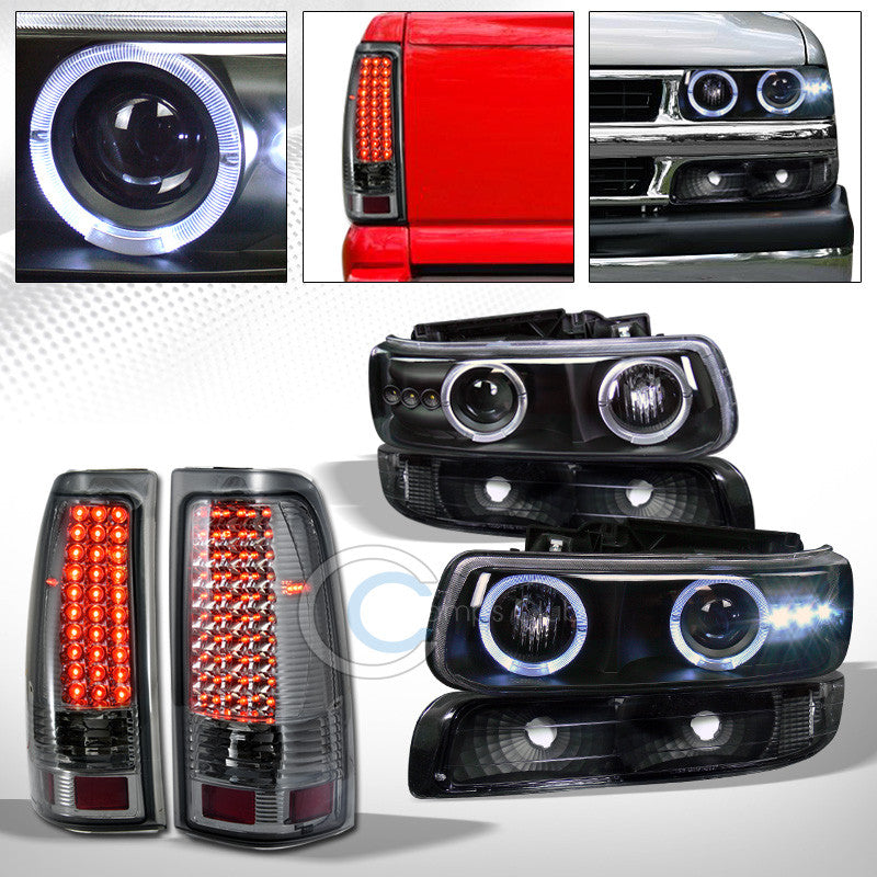 BLK HALO PROJECTOR HEAD LIGHTS K2+BUMPER+LED TAIL SMOKE AW 99-02 CHEVY SILVERADO