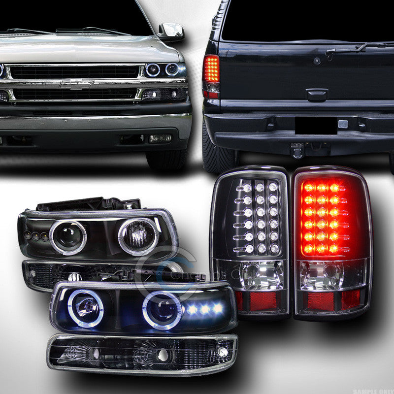BLK HALO PROJECTOR HEAD LIGHTS+SIGNAL BUMPER+LED TAIL LAMPS 00-06 TAHOE SUBURBAN