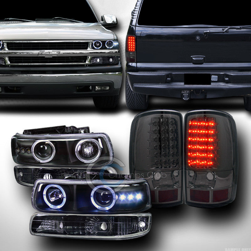 BLK HALO PROJECTOR HEAD LIGHTS+SIGNAL BUMPER+LED TAIL LAMP SM 00+ TAHOE SUBURBAN