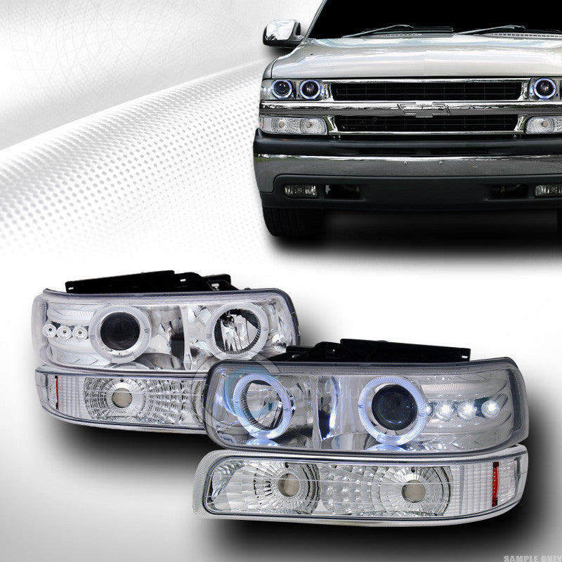 CHROME HALO LED PROJECTOR HEAD LIGHTS K2+SIGNAL BUMPER AM DY 99-06 SILVERADO/SUV