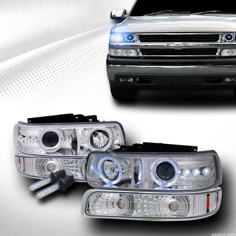 10000K HID XENON CHROME LED HALO PROJECTOR HEAD LIGHTS W/BUMPER AM 99+ SILVERADO