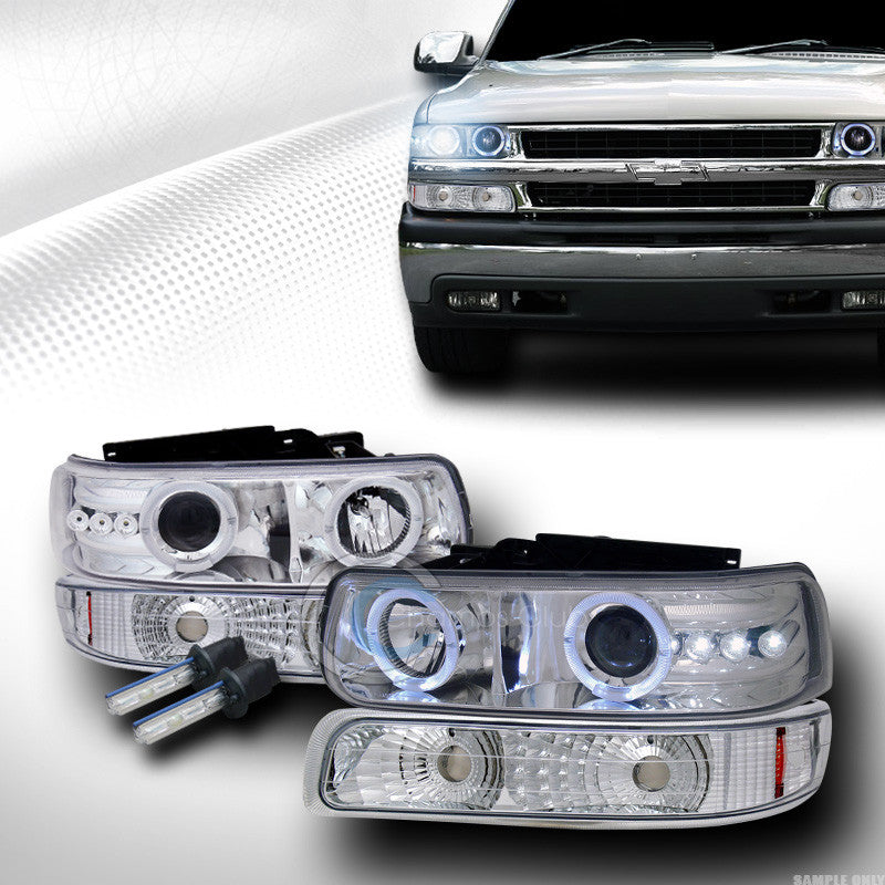 8000K HID XENON CHROME LED HALO PROJECTOR HEAD LIGHTS W/BUMPER AM 99+ SILVERADO