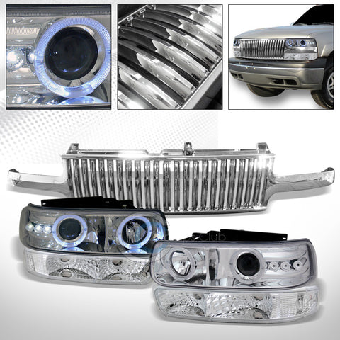 CHROME HALO LED PROJECTOR HEAD LIGHTS+BUMPER+VT GRILLE 99-02 SILVERADO/SUBURBAN