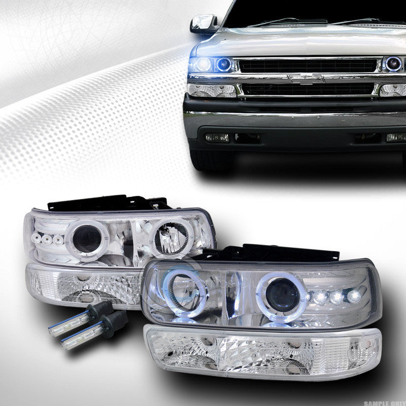 10000K HID XENON CHROME LED HALO PROJECTOR HEAD LIGHTS W/BUMPER YD 99+ SILVERADO