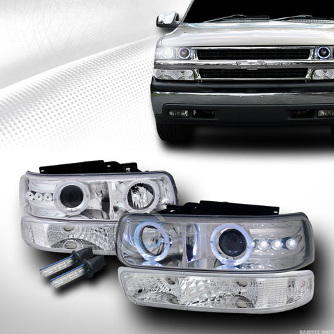 6000K HID XENON CHROME LED HALO PROJECTOR HEAD LIGHTS W/BUMPER YD 99+ SILVERADO