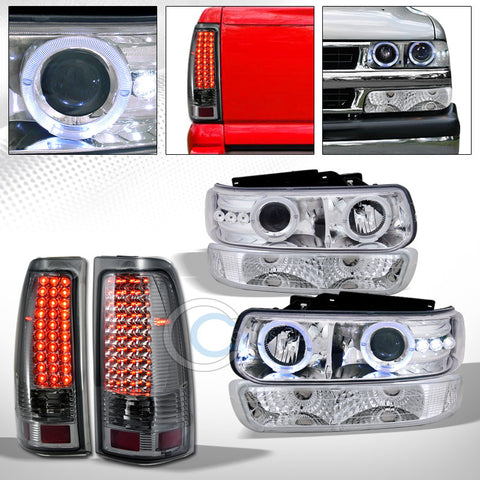 CHROME HALO PROJECTOR HEAD LIGHTS K2+BUMPER+LED TAIL SM AW 99-02 CHEVY SILVERADO