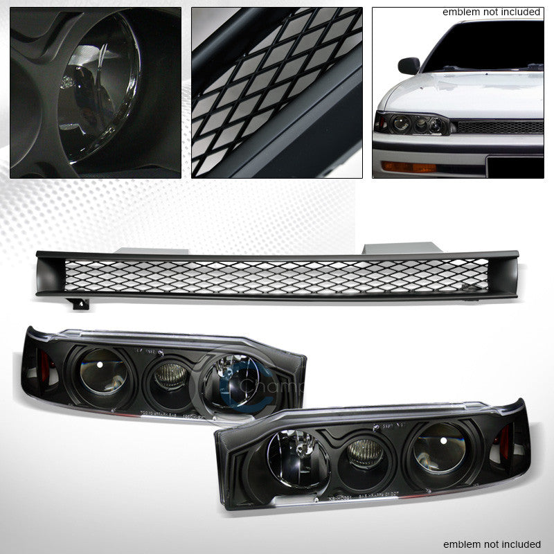 BLACK PROJECTOR HEAD LIGHTS SIGNAL AMBER+MATTE BUMPER GRILL GRILLE 90-91 ACCORD