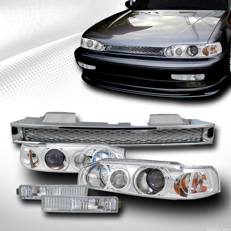 CHROME PROJECTOR HEAD LIGHTS+SIGNAL BUMPER LAMPS+MESH GRILL GRILLE 90-91 ACCORD