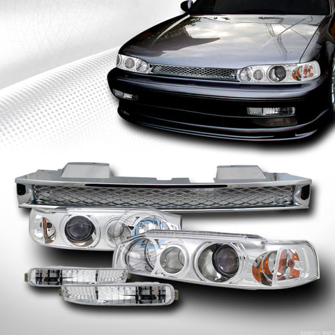 CHROME PROJECTOR HEAD LIGHTS+SIGNAL BUMPER LAMPS+MESH GRILL GRILLE 92-93 ACCORD
