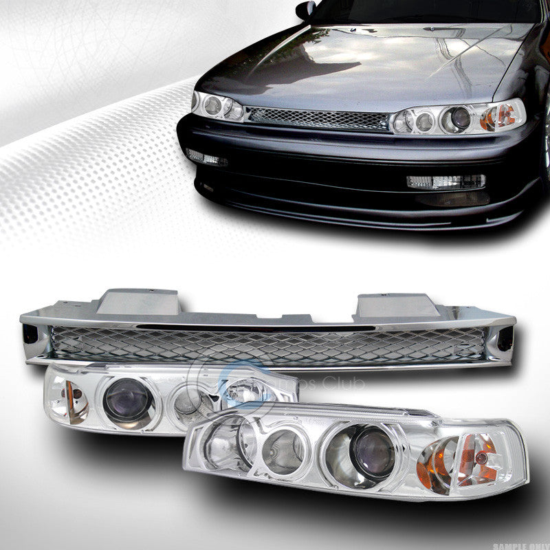 CHROME PROJECTOR HEAD LIGHTS LAMP+T-R MESH HOOD BUMPER GRILL GRILLE 90-93 ACCORD