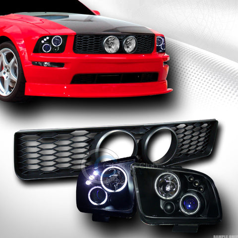 BLK CCFL HALO LED PROJECTOR HEAD LIGHTS+M GRILL GRILLE+FOG HOLE 05-09 MUSTANG GT