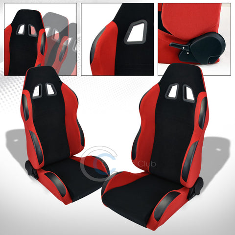 2 UNIVERSAL BR BLACK/RED SUEDE LEATHER RECLINABLE RACING BUCKET SEATS+SLIDER C01