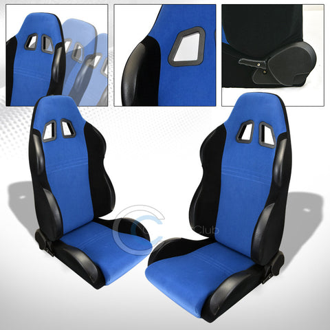 2x UNIVERSAL BR BLUE/BLK SUEDE LEATHER RECLINABLE RACING BUCKET SEATS+SLIDER C01