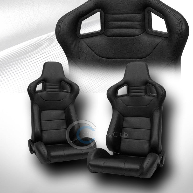 2X UNIVERSAL MU BLK STITCH PVC LEATHER RECLINABLE RACING BUCKET SEATS+SLIDER C01