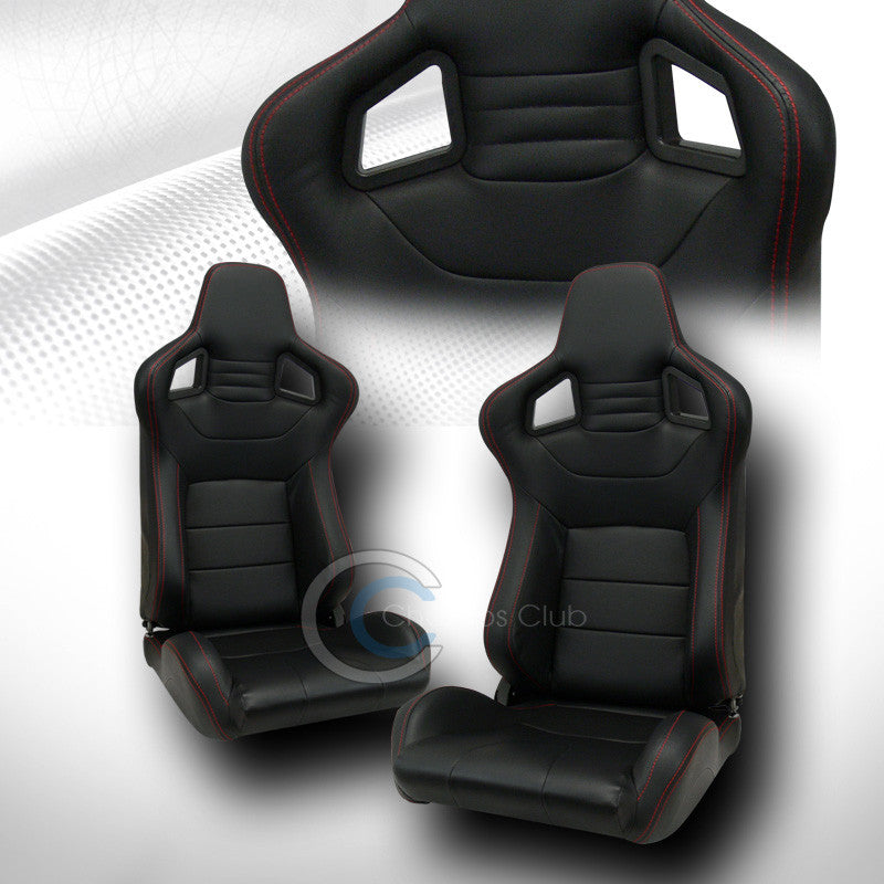 2X UNIVERSAL MU BLACK PVC LEATHER RED STITCHES RACING BUCKET SEATS+SLIDERS C01