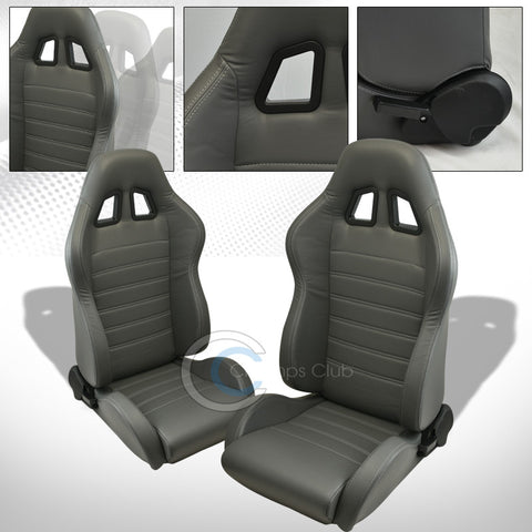 2 UNIVERSAL SP GRAY STITCH PVC LEATHER RECLINABLE RACING BUCKET SEATS+SLIDER C01