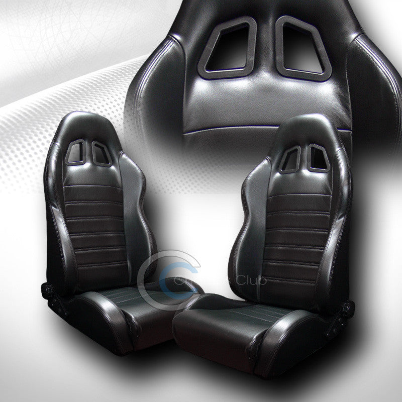 2X UNIVERSAL SP BLK STITCH PVC LEATHER RECLINABLE RACING BUCKET SEATS+SLIDER C01