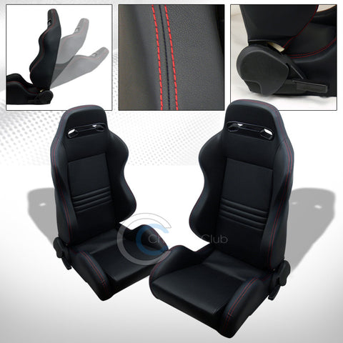 2X UNIVERSAL T-R BLACK PVC LEATHER/RED STITCH RECLINABLE RACING BUCKET SEATS C01