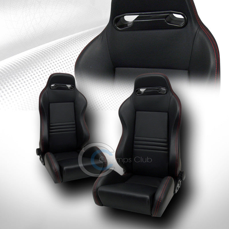 2X T-R BLK PVC LEATHER RED STITCH RECLINABLE RACING BUCKET SEATS+SLIDERS V2 C01