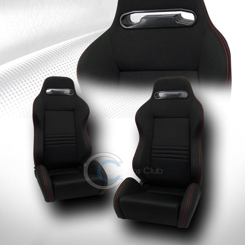 2X UNIVERSAL T-R BLK CLOTH RED STITCH RECLINABLE RACING BUCKET SEATS+SLIDERS C01