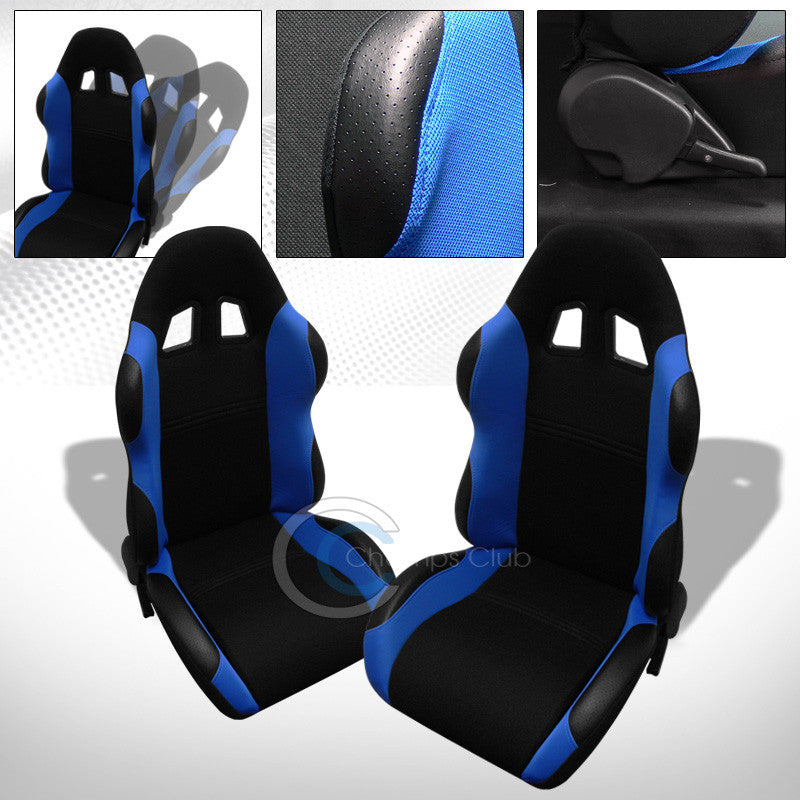 2X UNIVERSAL TS BLK/BLUE CLOTH LEATHER RECLINABLE RACING BUCKET SEATS+SLIDER C01