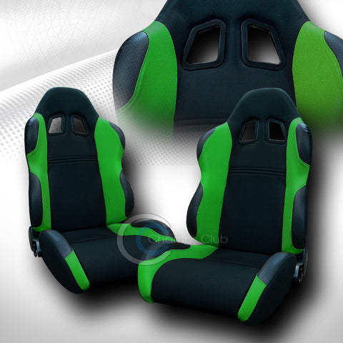 2 UNIVERSAL TS BLK/GREEN CLOTH LEATHER RECLINABLE RACING BUCKET SEATS+SLIDER C01