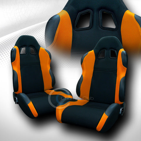 UNIVERSAL TS BLACK/ORANGE CLOTH LEATHER RACING BUCKET SEATS W/SLIDERS PAIR  C01