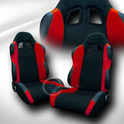 2X UNIVERSAL TS BLK/RED CLOTH LEATHER RECLINABLE RACING BUCKET SEATS+SLIDERS C01