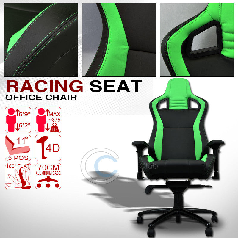 UNIVERSAL BLK/GREEN STITCHES PVC LEATHER MU RACING BUCKET SEAT OFFICE CHAIR C01