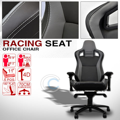 UNIVERSAL BLK/GREY STITCHES PVC LEATHER MU RACING BUCKET SEAT OFFICE CHAIR C01