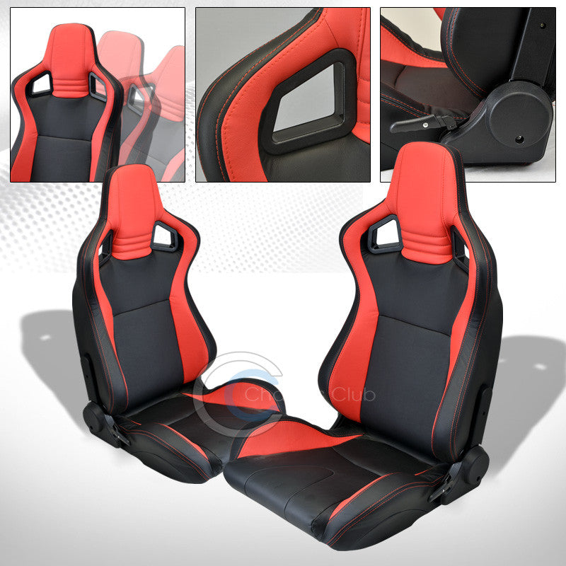 2X UNIVERSAL MU BLACK/RED PVC LEATHER w/STITCHES RACING BUCKET SEATS+SLIDERS C01