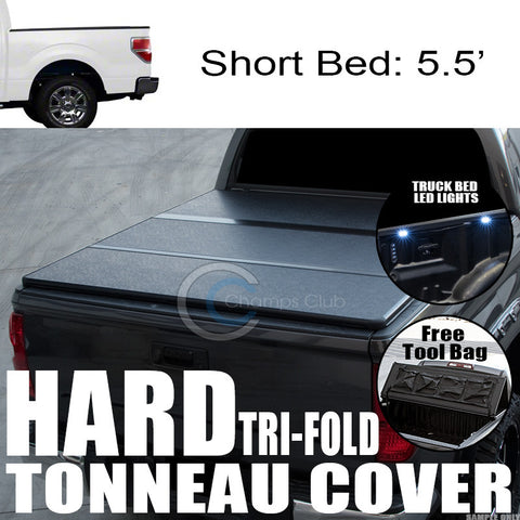 TRI-FOLD SOLID TONNEAU COVER+16X LED LIGHTS 04-14 F150 SUPERCREW/MARK LT 5.5 BED