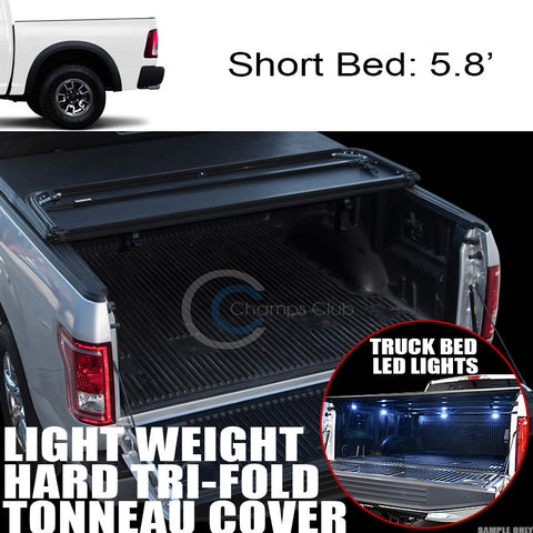 TRI-FOLD HARD TONNEAU COVER LW+16X LED LIGHTS 09-16 DODGE RAM 5.7/5.8' TRUCK BED