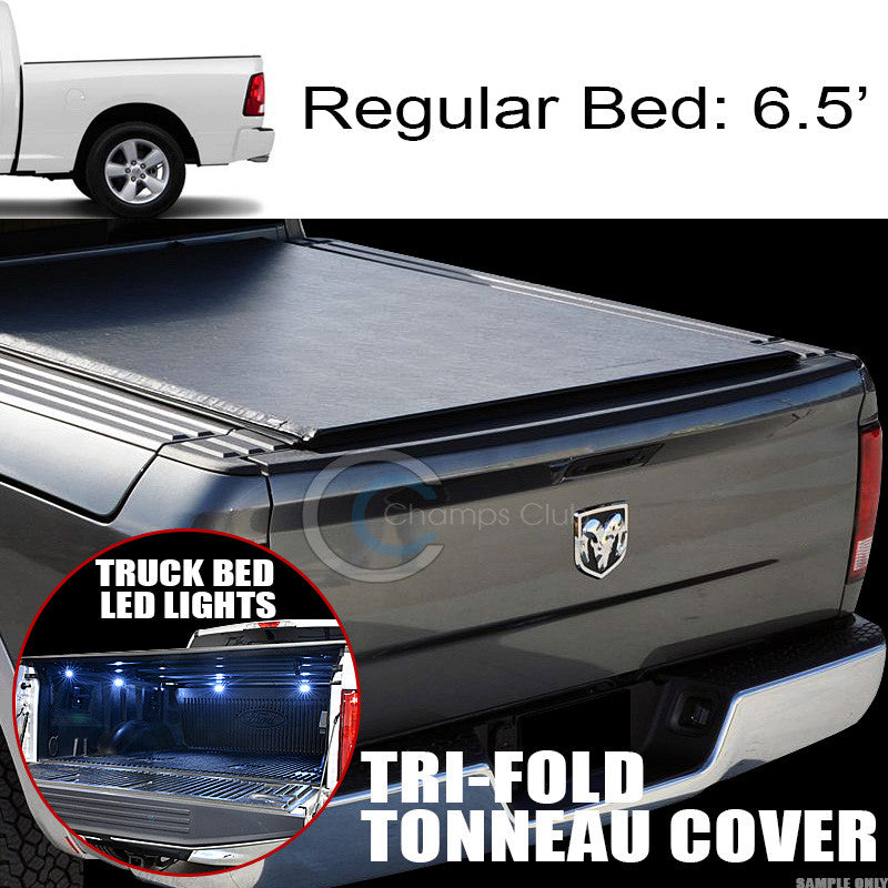 TRI-FOLD SOFT TONNEAU COVER+16X LED LIGHTS 09-17 DODGE RAM BOX RAMBOX 6.4/6.5 FT