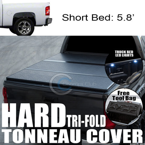 TRI-FOLD SOLID TONNEAU COVER+16X LED LIGHTS 07-14 SILVERADO/SIERRA 5.8'/68