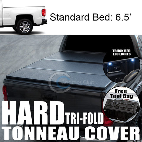 TRI-FOLD SOLID TONNEAU COVER+16X LED LIGHTS 14-16 SILVERADO/SIERRA 6.5'/78