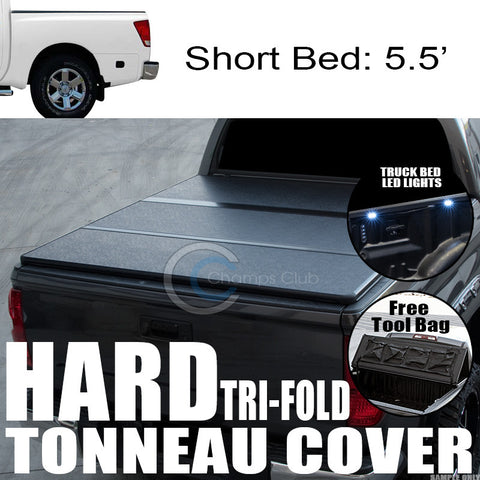 TRI-FOLD SOLID TONNEAU COVER+16X LED LIGHTS FOR 04-15 TITAN CREW 5.5 FT 66