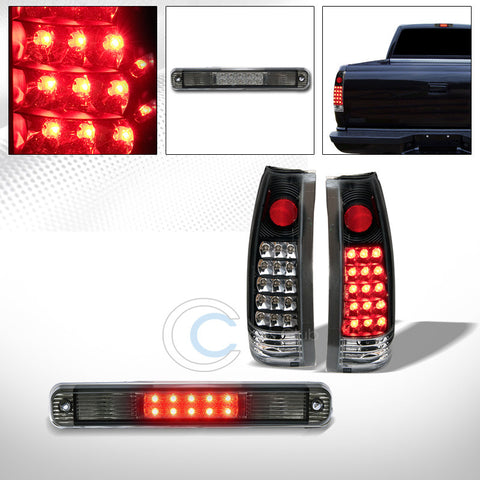 BLK LED TAIL LIGHTS w/3RD BRAKE LAMP SMOKE 1988-2000 CHEVY/GMC C10 CK C/K TRUCK