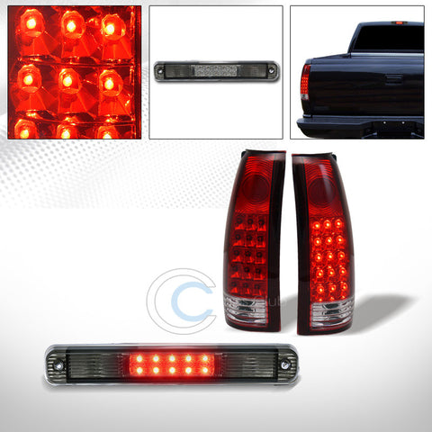 RED CLEAR LED TAIL LIGHTS+3RD BRAKE LAMP SMOKE 1988-2000 CHEVY/GMC C10 C/K TRUCK