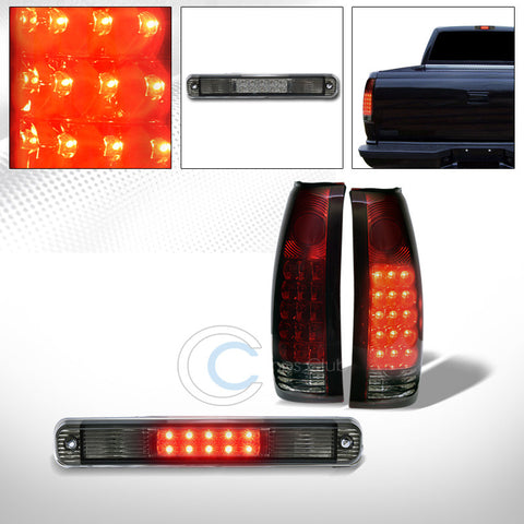 RED SMOKE LED TAIL LIGHTS w/3RD BRAKE LAMP 1988-2000 CHEVY/GMC C10 CK C/K TRUCK