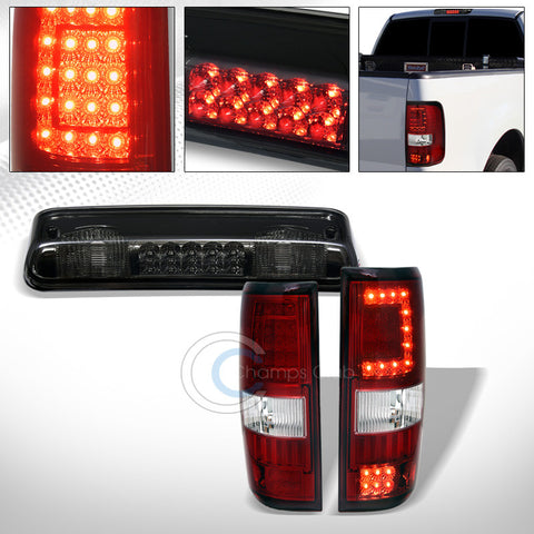 RED CLEAR LED TAIL LIGHTS+SMOKE TINT THIRD BRAKE LAMP 2004-2008 F150 STYLESIDE