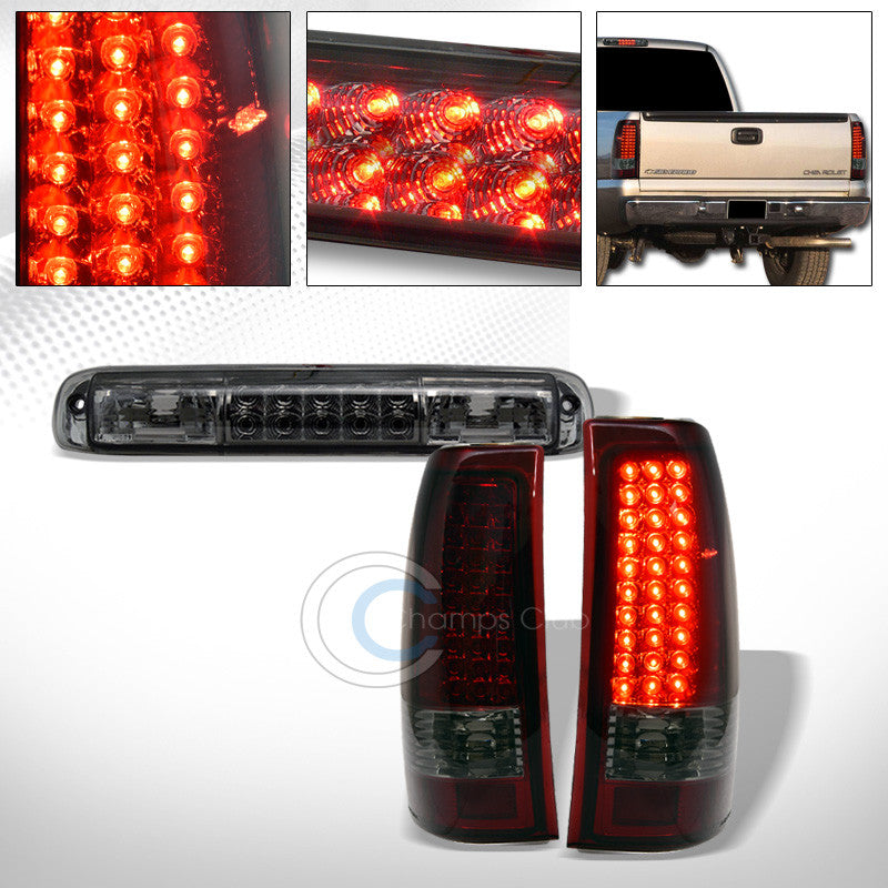 RED SMOKE LED TAIL LIGHTS+THIRD BRAKE LAMP 1999-2006 CHEVY SILVERADO/GMC SIERRA